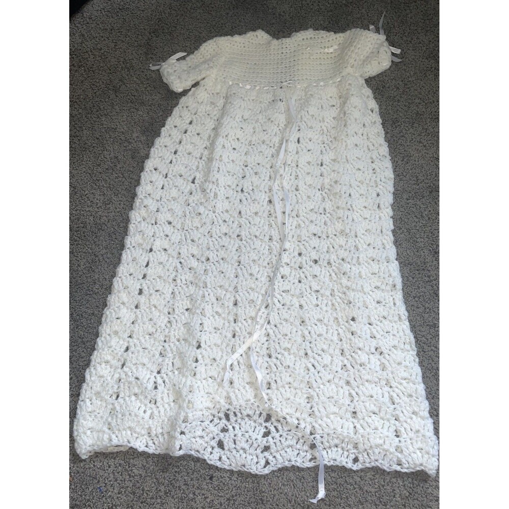 Vintage Hand Crochet Baby Christening Gown Bonnet White 29in Heirloom